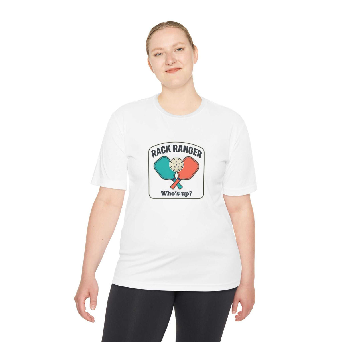 Pickleball Rack Ranger T-shirt with colorful paddles and ball graphic on moisture-wicking fabric