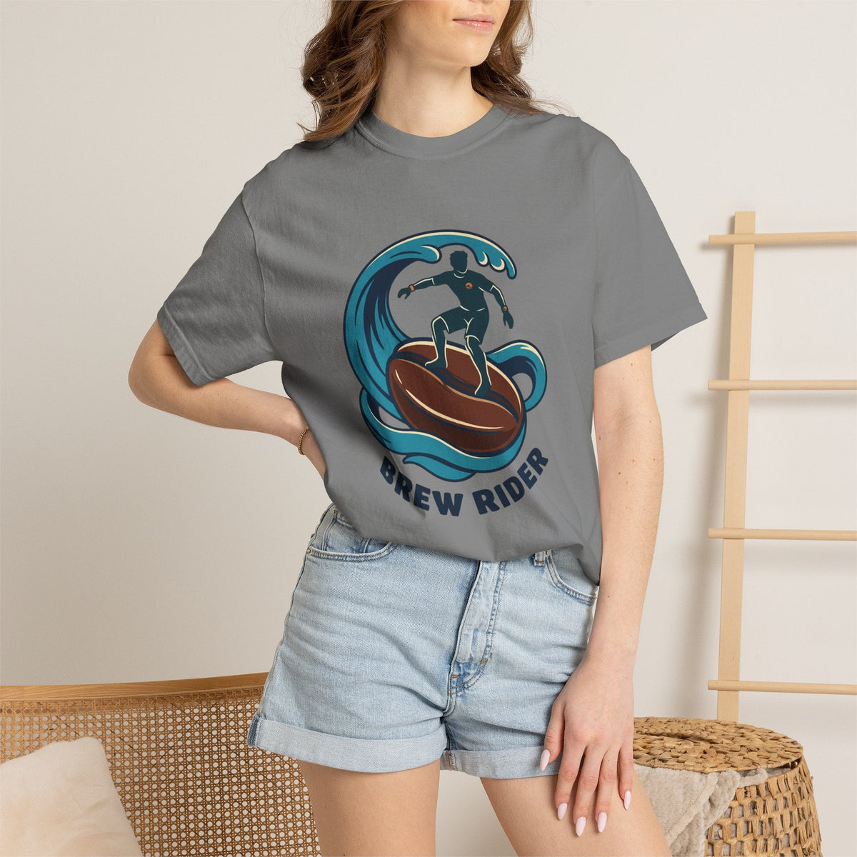 Brew Rider T‑Shirt with surfing coffee mug logo on heavyweight cotton tee