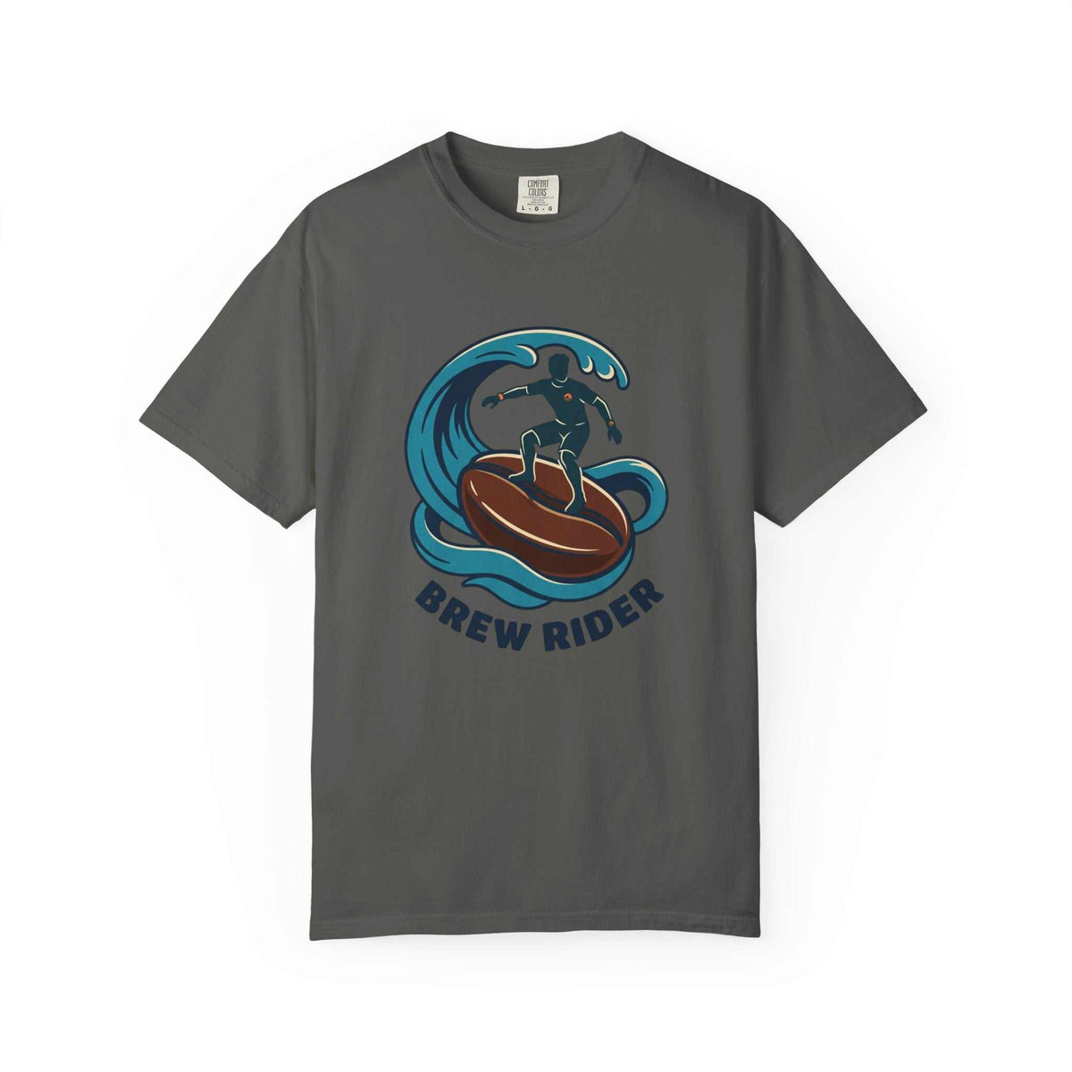 Brew Rider T-Shirt with surfing coffee mug logo on heavyweight garment-dyed cotton tee