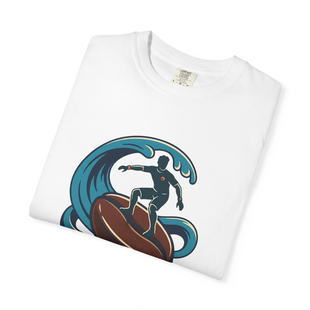 Brew Rider T-Shirt with surfing coffee mug logo on heavyweight garment-dyed cotton tee