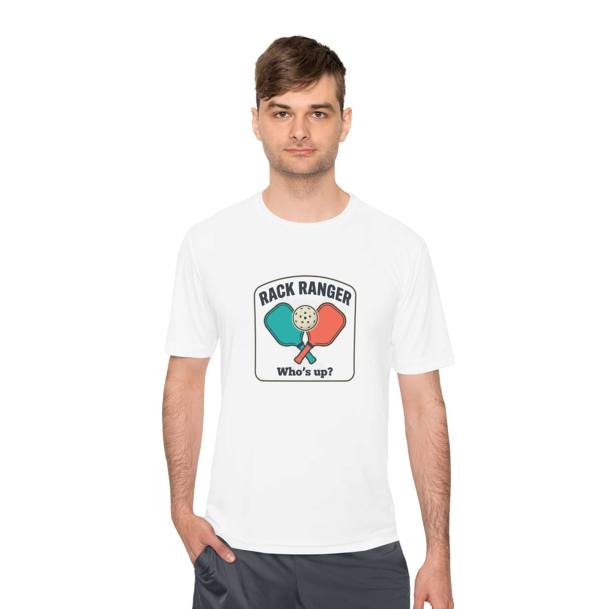Pickleball Rack Ranger moisture-wicking t-shirt with colorful paddles and ball badge on lightweight polyester fabric