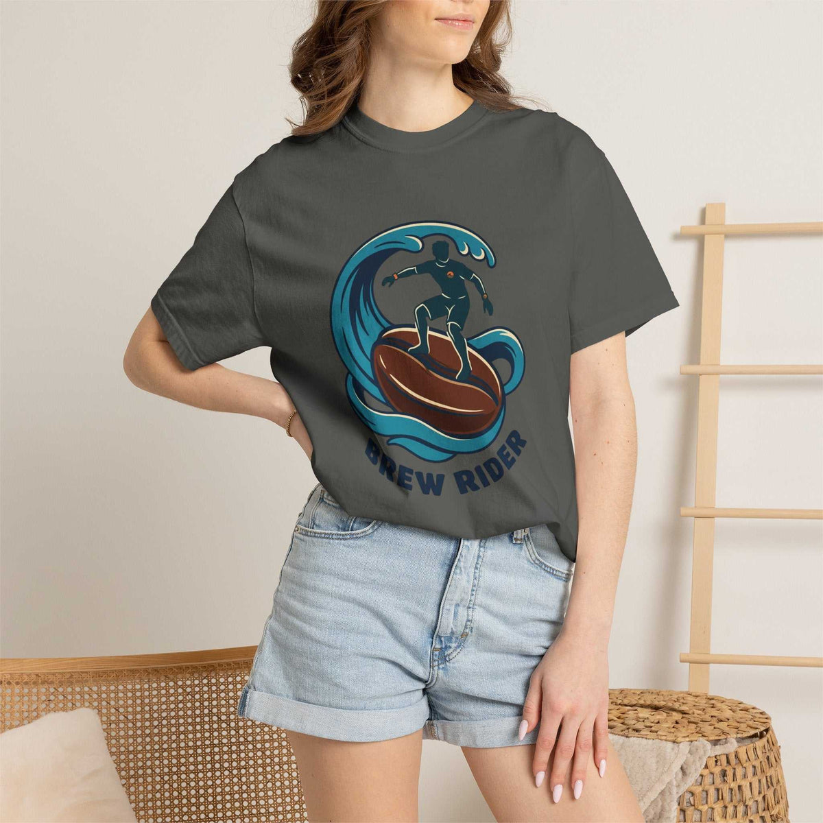 Brew Rider T-Shirt with surfing coffee mug logo on heavyweight garment-dyed cotton tee