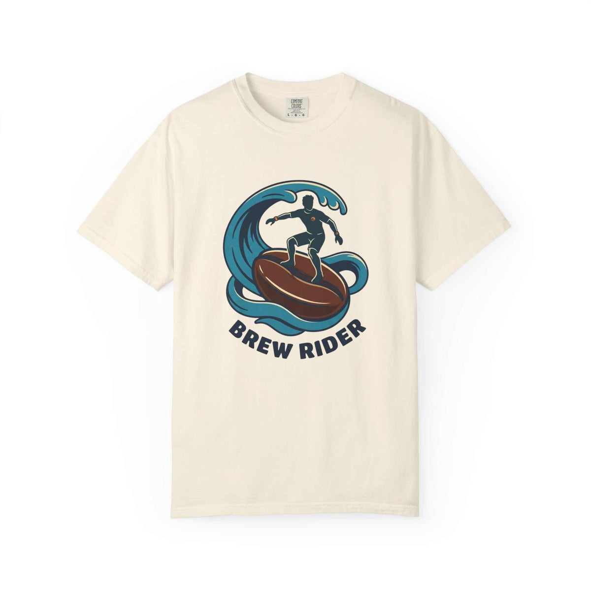Brew Rider T-Shirt with surfer riding coffee mug wave graphic on garment-dyed heavyweight cotton tee