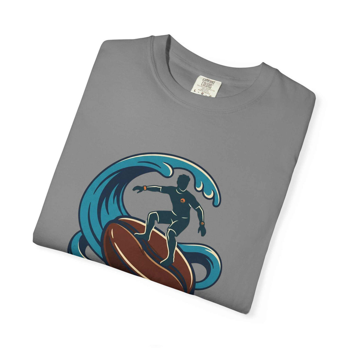 Brew Rider T‑Shirt with surfer coffee mug logo on heavyweight garment-dyed cotton tee