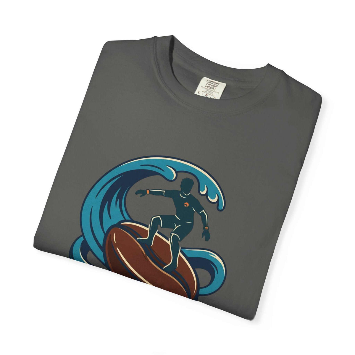 Brew Rider T-Shirt with surfing coffee mug logo on garment-dyed heavyweight cotton tee