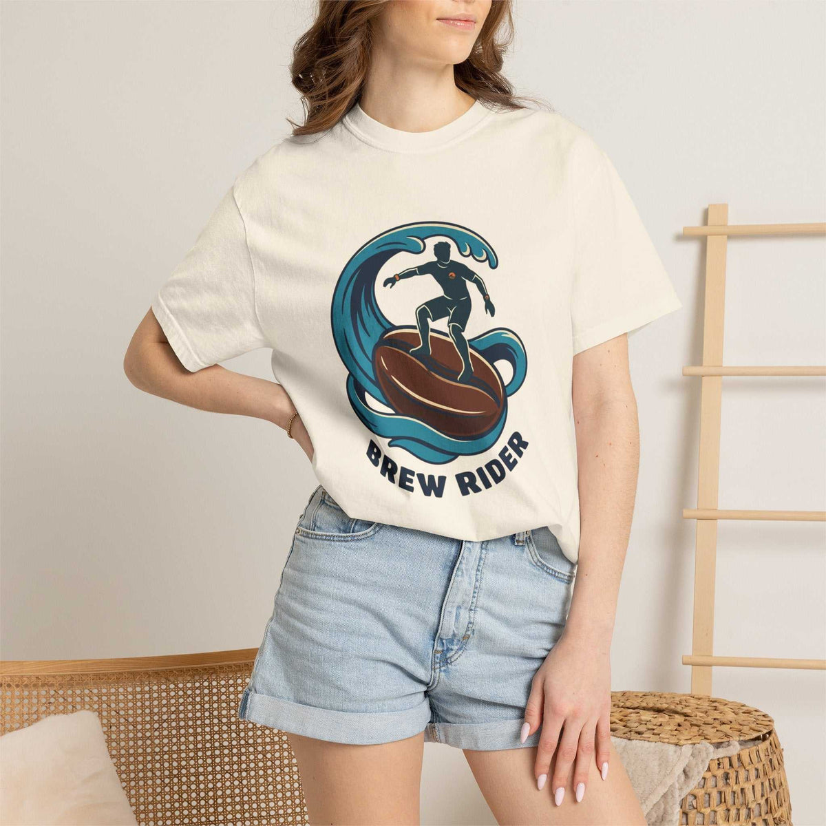 Brew Rider T-Shirt with surfing coffee mug logo on heavyweight garment-dyed cotton tee