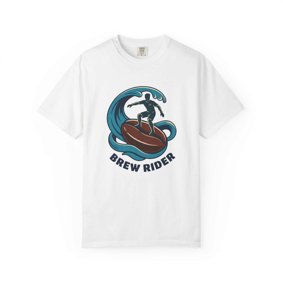 Brew Rider T-Shirt with surfing coffee mug logo on garment-dyed heavyweight cotton tee