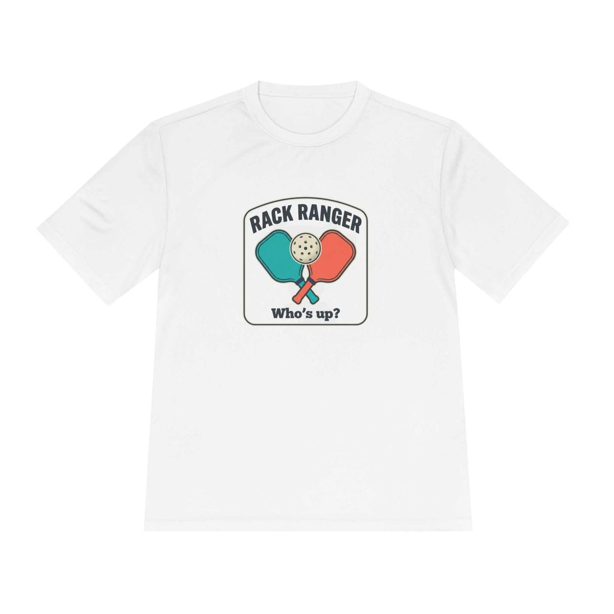 Pickleball Rack Ranger moisture-wicking tee with colorful paddles and ball graphic on lightweight polyester fabric