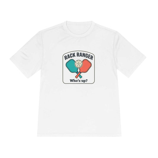 Pickleball Rack Ranger moisture-wicking tee with colorful paddles and ball graphic on lightweight polyester fabric