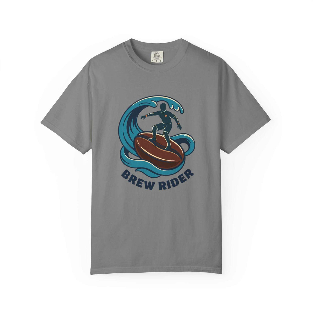 Brew Rider T-Shirt with surfer coffee mug logo on heavyweight garment-dyed cotton tee