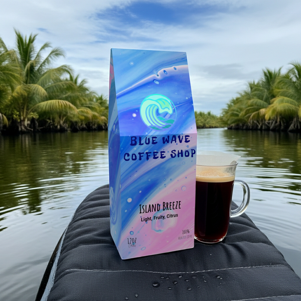 Island Breeze Blue Wave Coffee 12oz resealable bag with 100% Arabica light-medium roast beans highlighting bright cherry, grape, plum, and chocolate flavors