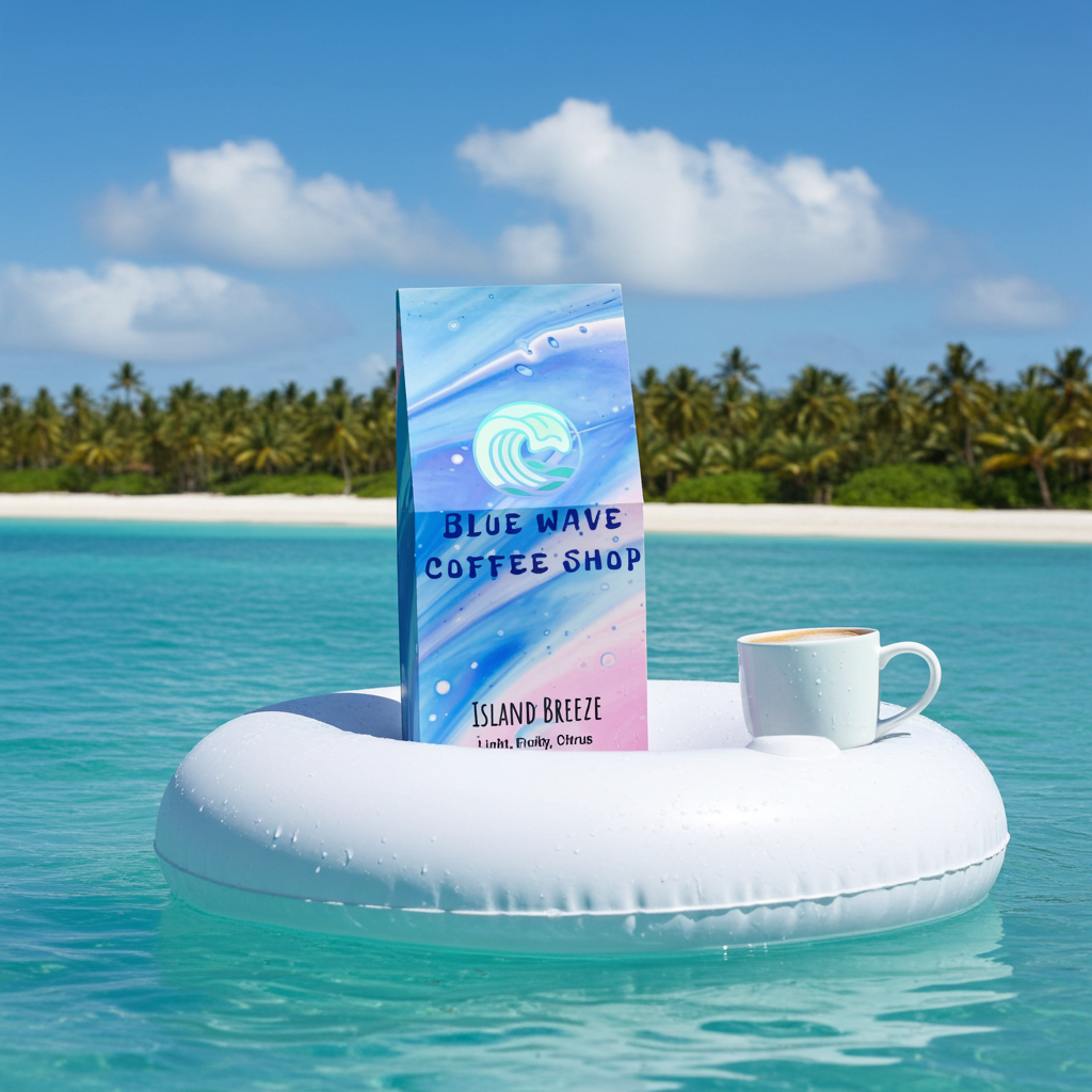 Island Breeze Blue Wave Coffee 12-ounce resealable bag with premium 100% Arabica light-medium roast beans featuring bright cherry and plum notes